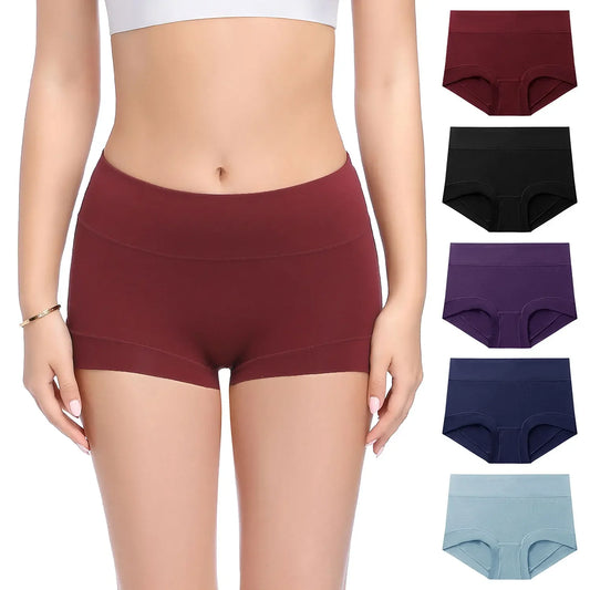Molasus Women Cotton Boy Shorts Seamless Comfortable Ladies High Waist Panties Full Coverage Stretch Underwear 5pc/Set Plus Size