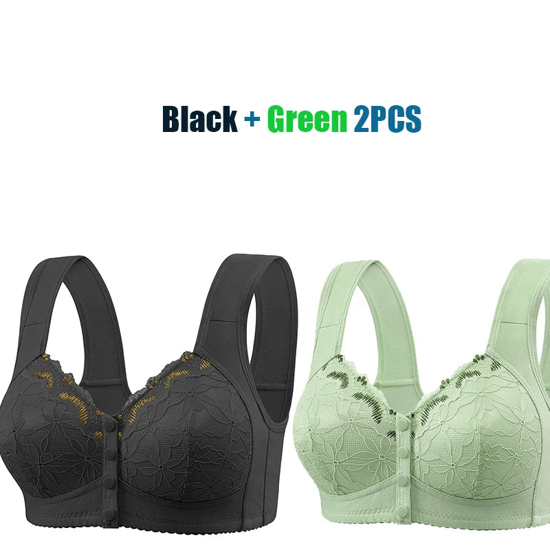 Soft Cotton Thin Cup Front Buckle Underwear Middle-aged Elderly Women Lace No Underwire Vest Type Extra Large Comfortable Bra
