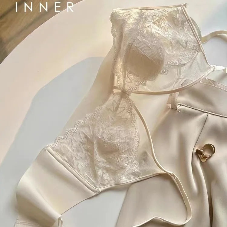 French Lace Lingerie for Women Without Steel Rings and Rabbit Ears, Mesh Fabric Breathable and Ultra-thin  Women Underwear