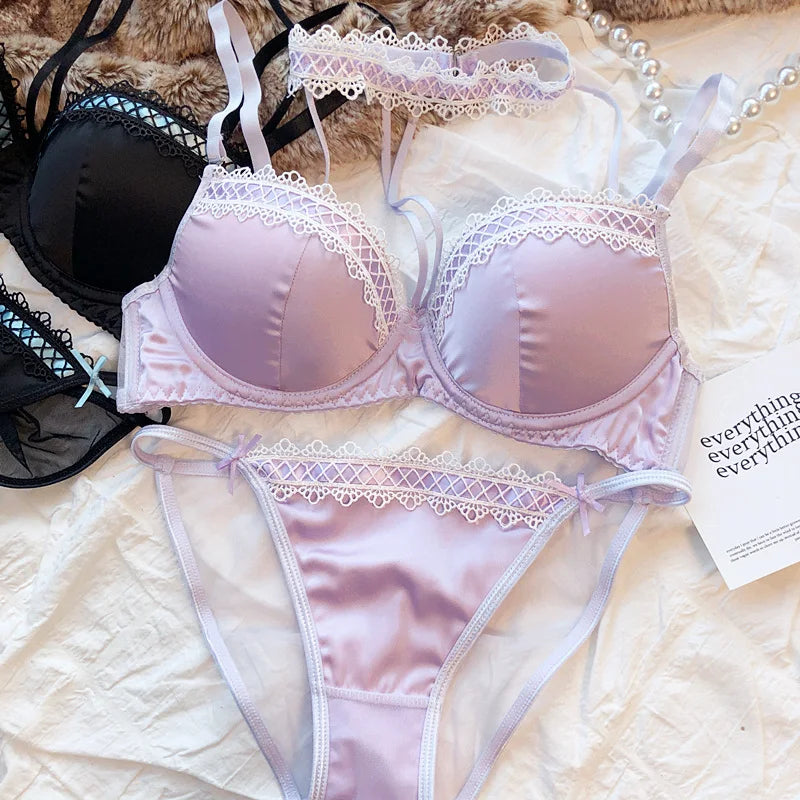 MOYISU Lolita French Pure Desire Sexy Lace Satin Spice Girl Bra Small Chest Gathering Halter Hollow Underwear Set Soft Underwire