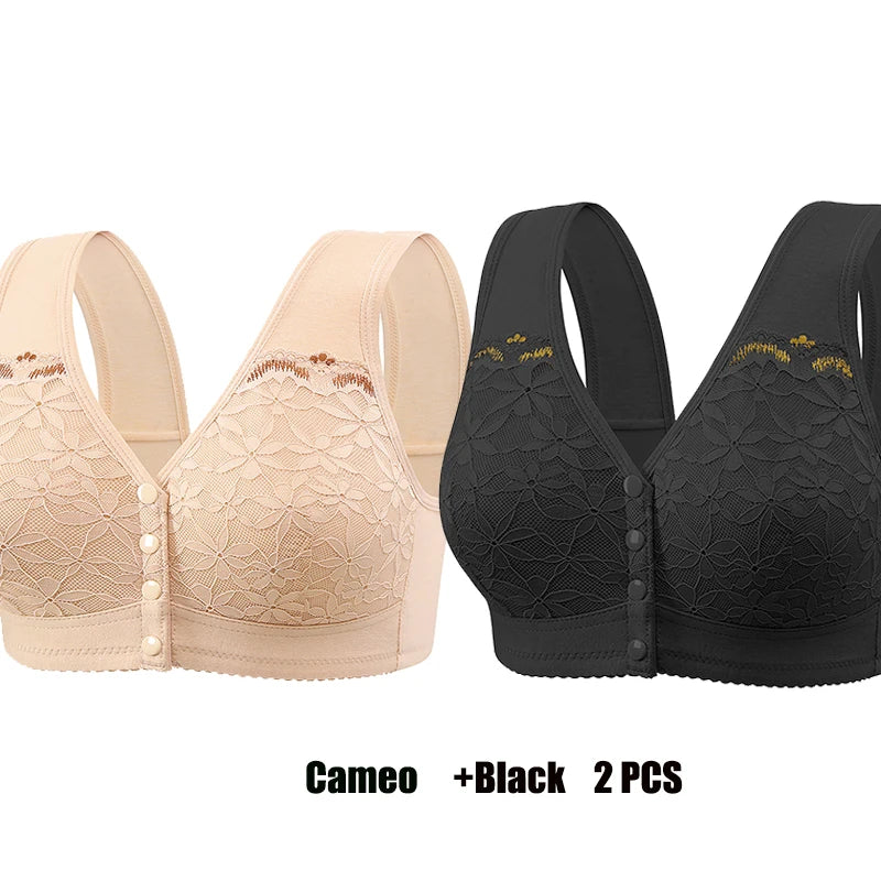 Soft Cotton Thin Cup Front Buckle Underwear Middle-aged Elderly Women Lace No Underwire Vest Type Extra Large Comfortable Bra