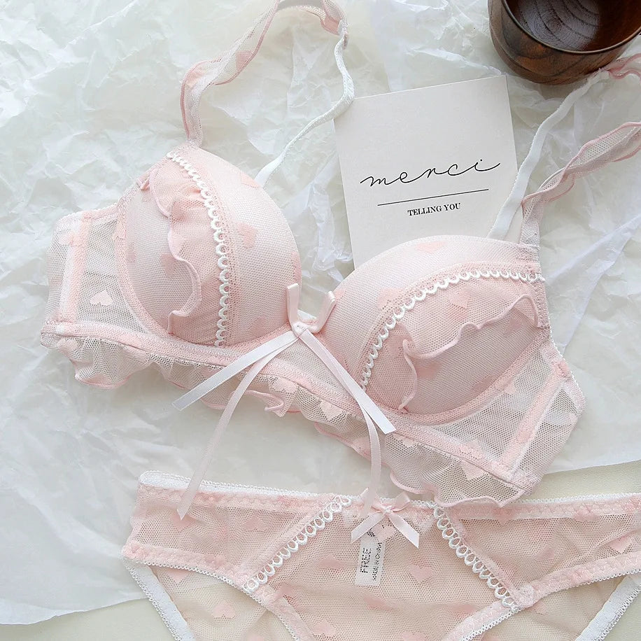 Japanese-style sweet bow lace lingerie for girls, pure and unrestrained, small-cut, curse-fitting bra