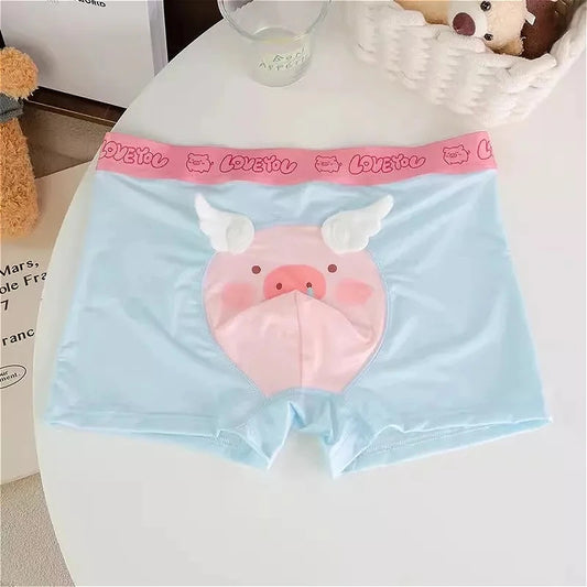 Cute Boys Flat Boxers Ice Silk Pink Piggy Men Underwear Cartoon U Convex Pouch Boxer Shorts Summer Panties Briefs Boyfriend Gift