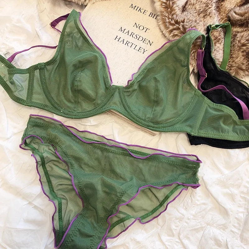 Elegant French Design Minimizer Bra Fashion Triangle Cups Structural Support Mesh Lingerie Set 32-40 MOYISU Sexy Panty Tushy Set