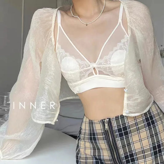 French Lace Lingerie for Women Without Steel Rings and Rabbit Ears, Mesh Fabric Breathable and Ultra-thin  Women Underwear