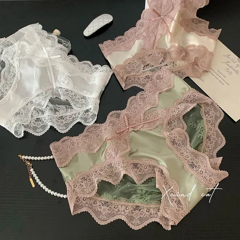 Sexy French Lace Underwear Pure Cotton Crotch Antibacterial Satin Ladies Triangle Panties Comfortable Women's Underwear