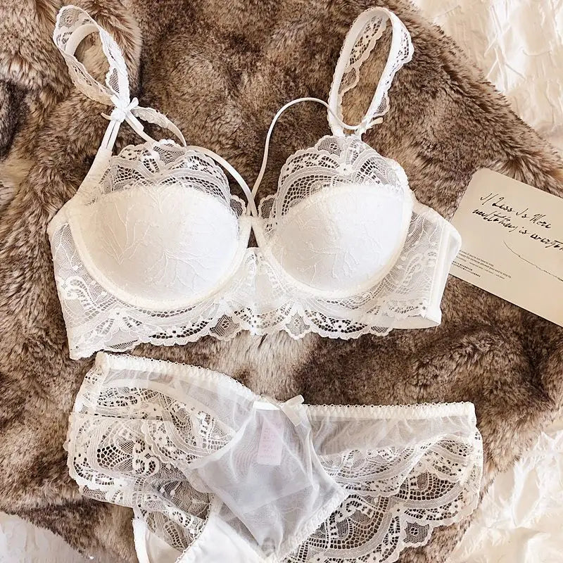 MOYISU Sexy Lace Bralette Set Small Busts French Design Removable Straps with Thin Push Up Pads, Soft Underwire Bra Cover Top