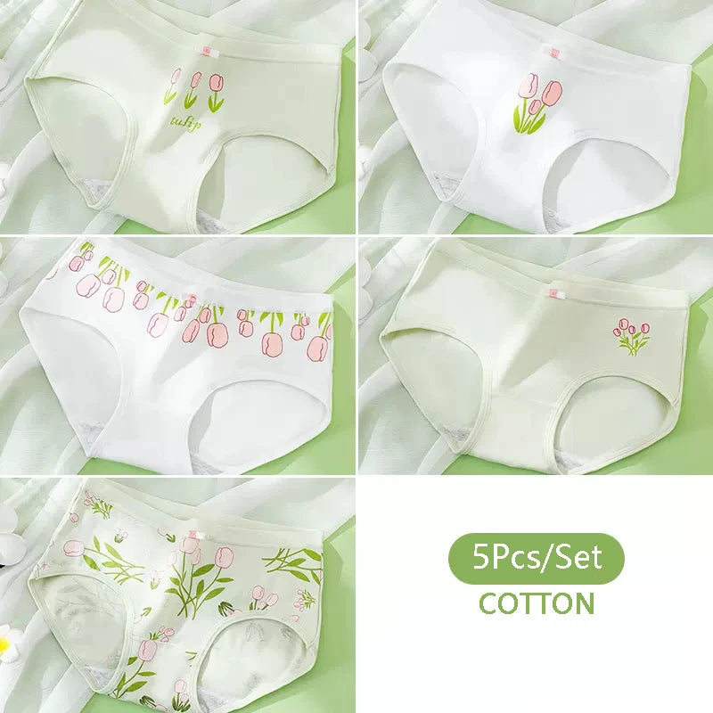 5Pcs/Set Women's Cotton Panties Cute Print Underwear Soft Girls Briefs Sexy Underpants Low Waist Female Breathable Lingerie