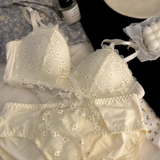 Sexy Embroidered Underwear Small Breasts Gathered Without Steel Ring Top Support Anti-Sagging Breathable Lace Lace Bra Set