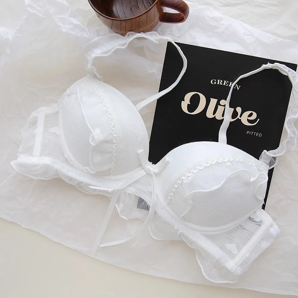 Japanese-style sweet bow lace lingerie for girls, pure and unrestrained, small-cut, curse-fitting bra
