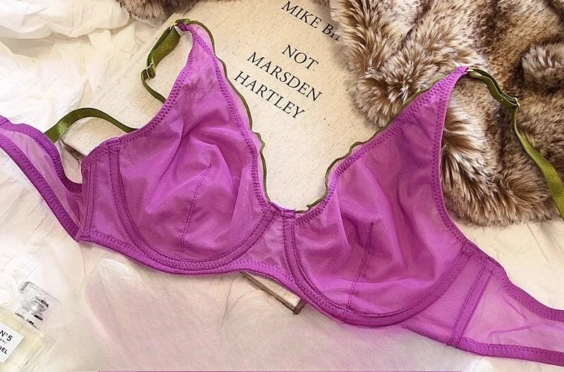 Elegant French Design Minimizer Bra Fashion Triangle Cups Structural Support Mesh Lingerie Set 32-40 MOYISU Sexy Panty Tushy Set