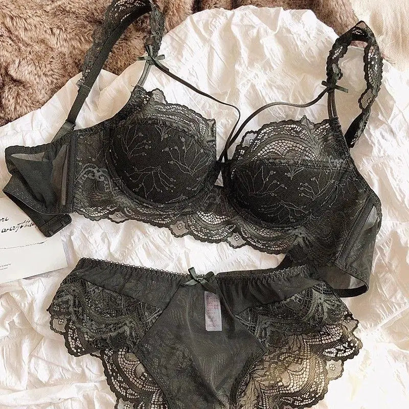 MOYISU Sexy Lace Bralette Set Small Busts French Design Removable Straps with Thin Push Up Pads, Soft Underwire Bra Cover Top