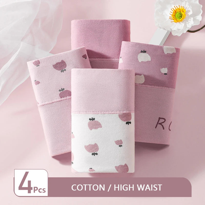 4Pcs Cotton Women Panties Breathable Underwear Fashion Print Ladies Briefs Slim Soft Underpants High-Rise Sexy Ladies Lingerie