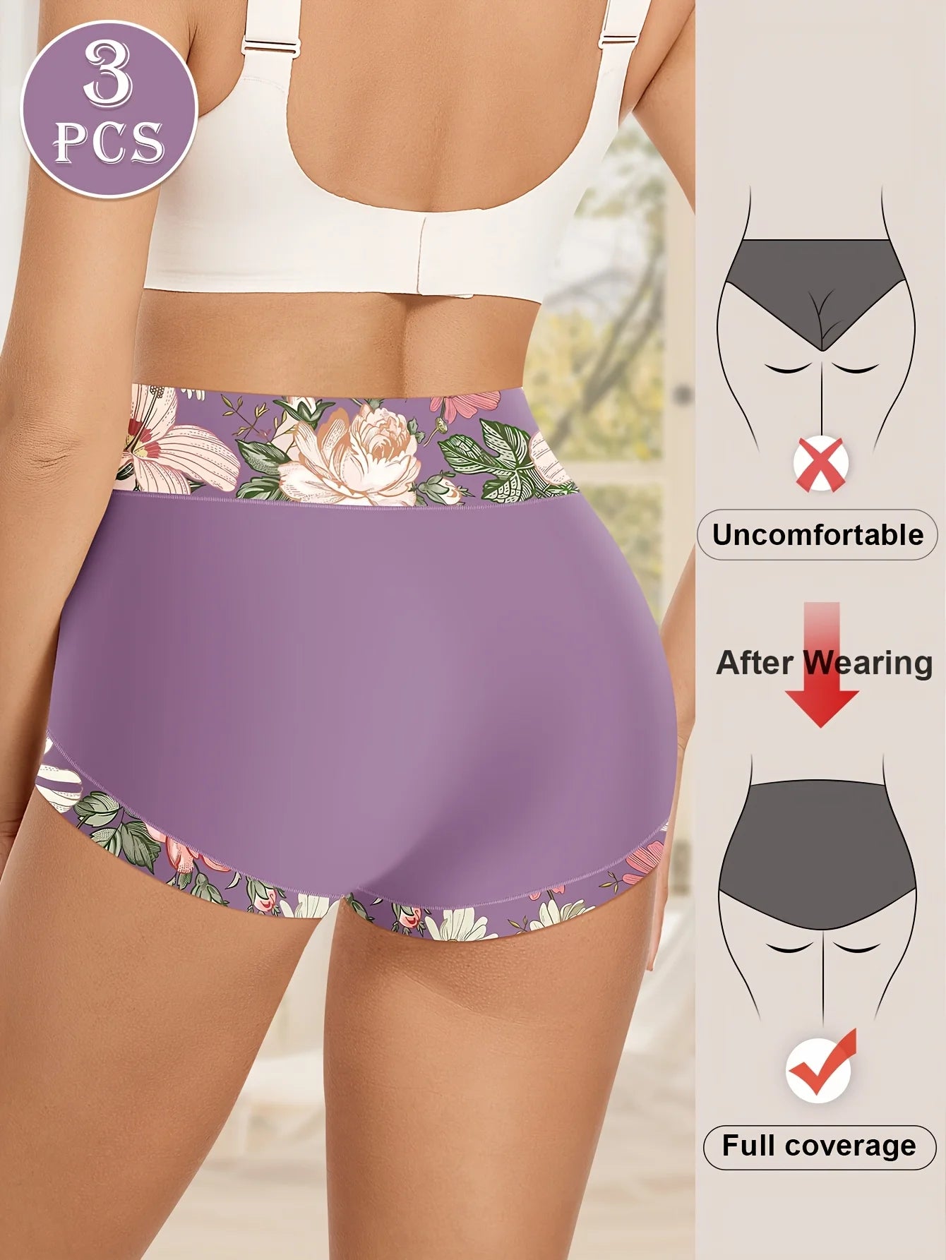 3pcs Plus Size High-Waist Shapewear Panties for Women - Tummy Control & Butt Lift, Comfort Fit with Elegant Floral Print