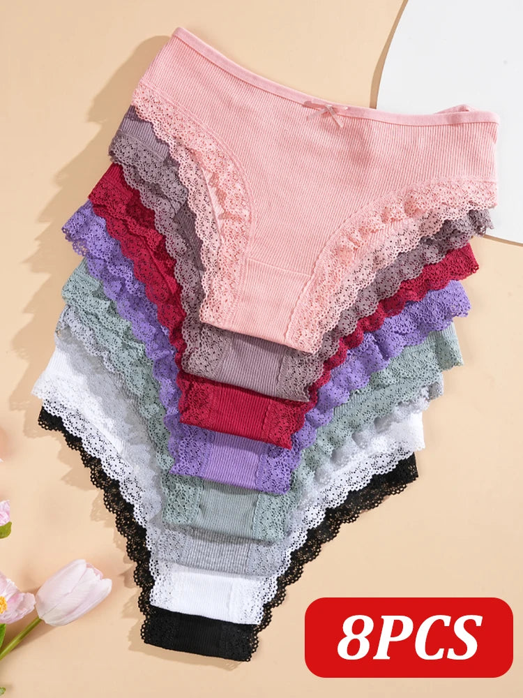 8PCS Women's Cotton Fabric Panties Sexy Lace Bowknot Solid Color Bikini Underpants Fashion Double Straps Comfortable Underwear