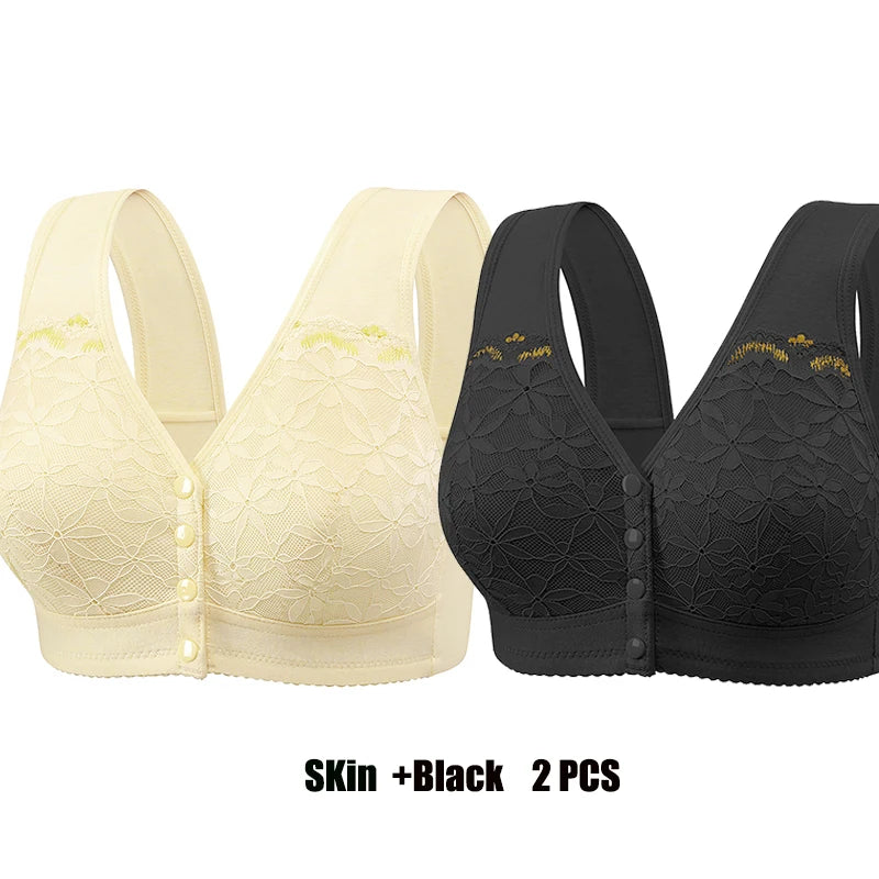 Soft Cotton Thin Cup Front Buckle Underwear Middle-aged Elderly Women Lace No Underwire Vest Type Extra Large Comfortable Bra