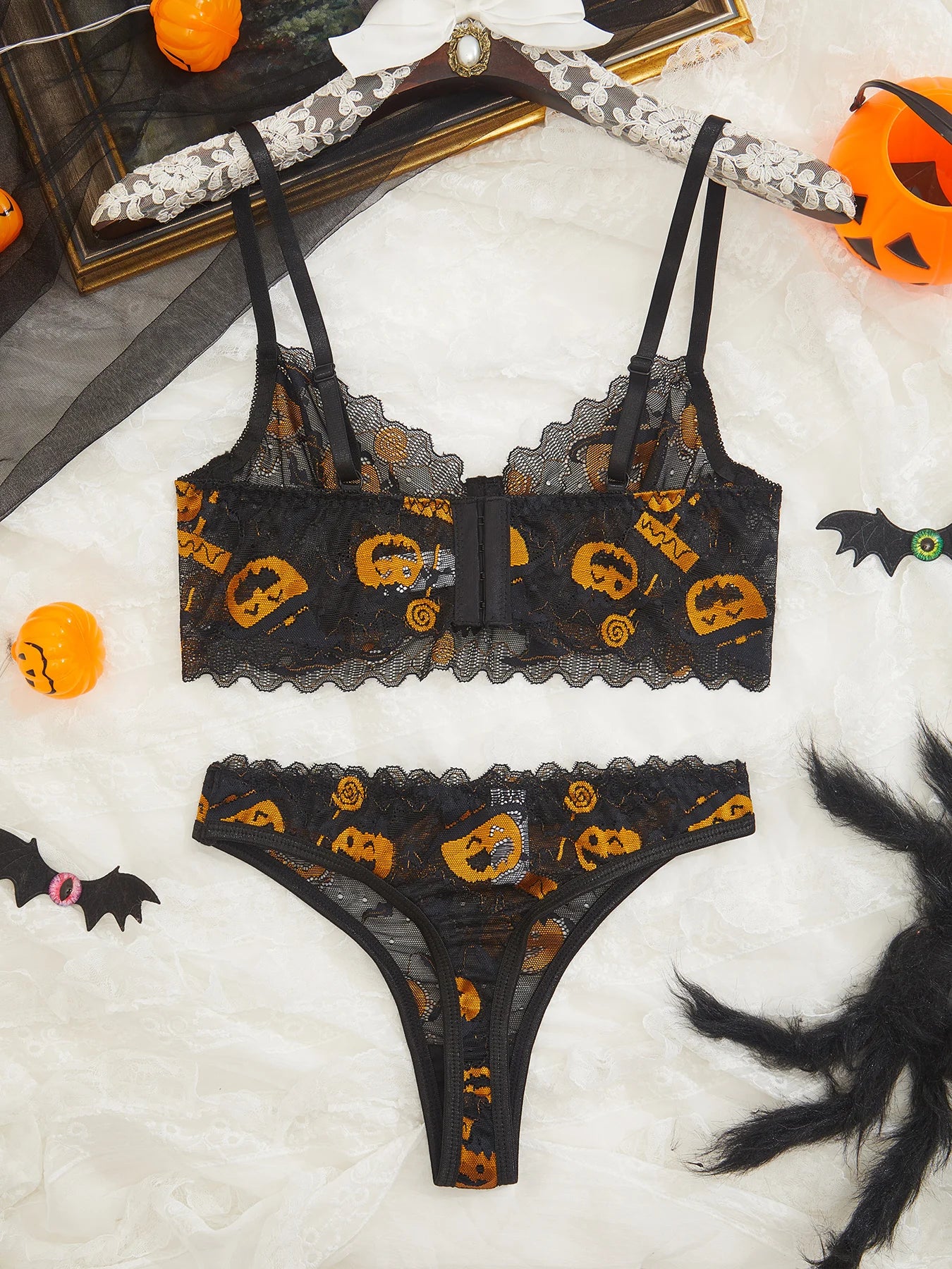 Halloween Mesh Printed Pumpkin Head bra Sexy Lace Tie Up with Steel Rim Underwear Sexy Lingerie Underwire Bra Underwear