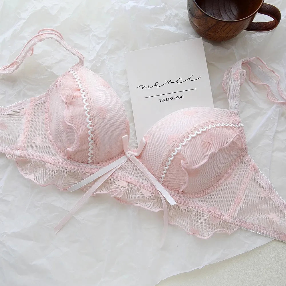 Japanese-style sweet bow lace lingerie for girls, pure and unrestrained, small-cut, curse-fitting bra