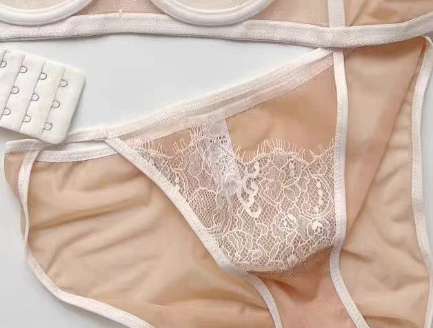 MOYISU Premium Sheer Mesh Bra Set Fringed Lace Half-Cup Minimizer, Ultra-Thin Luxury Lingerie Full Bust Coverage Slim Silhouette