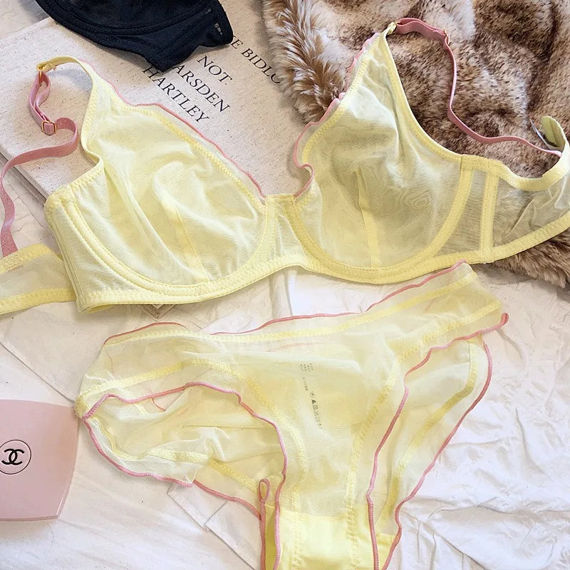 Elegant French Design Minimizer Bra Fashion Triangle Cups Structural Support Mesh Lingerie Set 32-40 MOYISU Sexy Panty Tushy Set