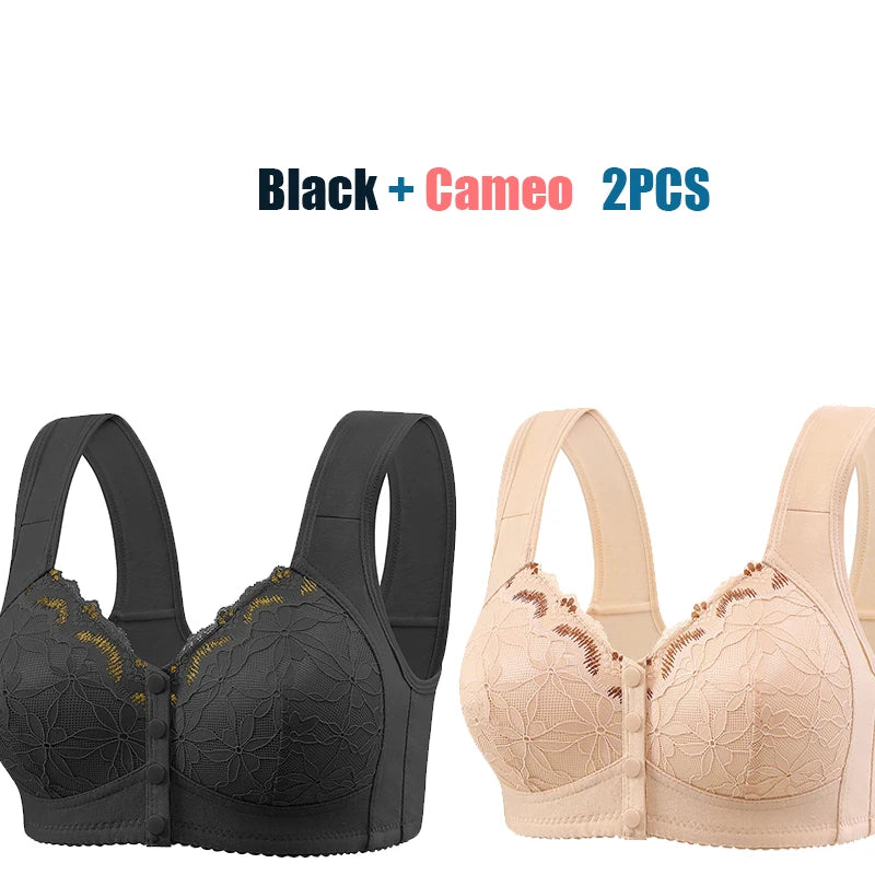 Soft Cotton Thin Cup Front Buckle Underwear Middle-aged Elderly Women Lace No Underwire Vest Type Extra Large Comfortable Bra