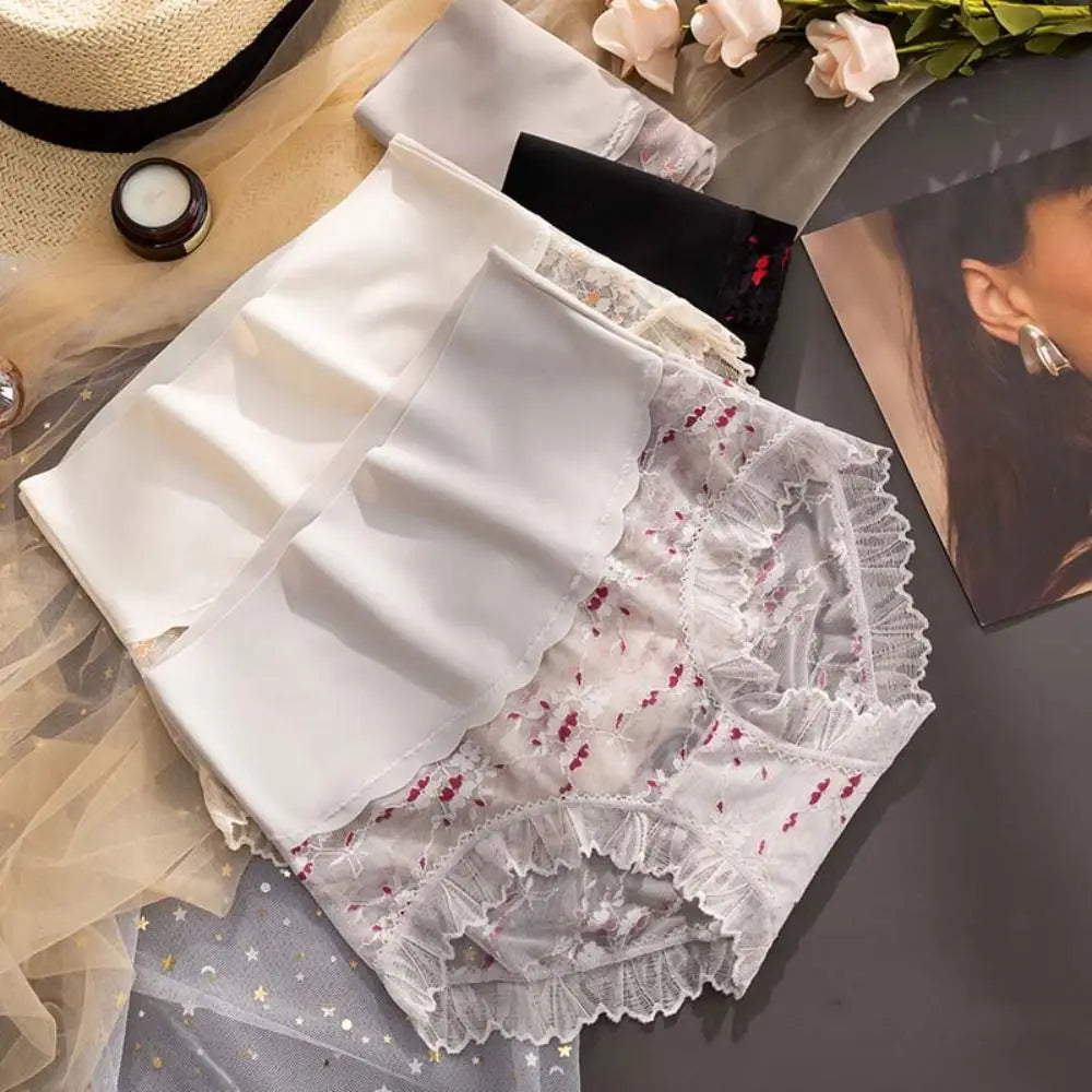 Ultrathin Lace Panties for Women Cotton Crotch Ice Silk Mesh Flower Briefs High Waist Underpants Seamless Underwear Gifts