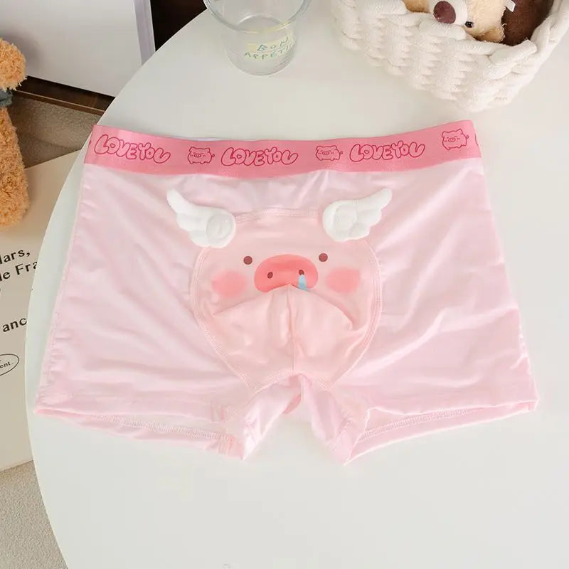 Cute Boys Flat Boxers Ice Silk Pink Piggy Men Underwear Cartoon U Convex Pouch Boxer Shorts Summer Panties Briefs Boyfriend Gift