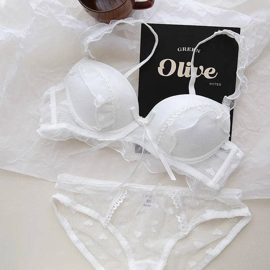Japanese-style sweet bow lace lingerie for girls, pure and unrestrained, small-cut, curse-fitting bra