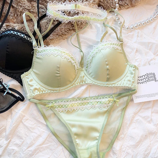 MOYISU Lolita French Pure Desire Sexy Lace Satin Spice Girl Bra Small Chest Gathering Halter Hollow Underwear Set Soft Underwire