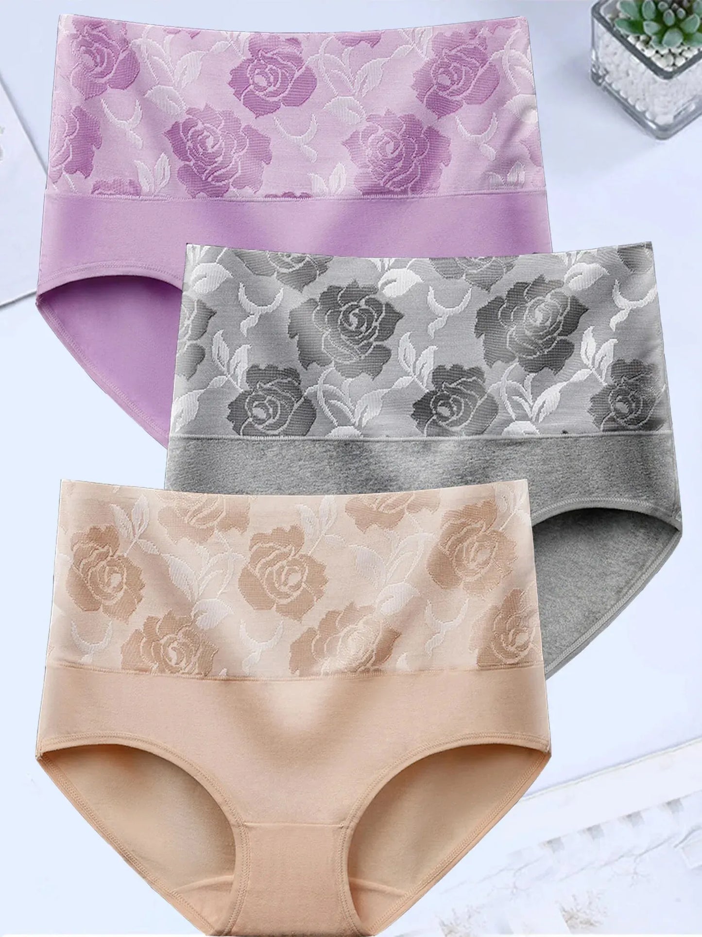 3Pcs/Lot High Waist Panties for Women Cotton Plus Size Underwear Female Print Flower Briefs Ladies Shapers Soft Sexy Lingeries