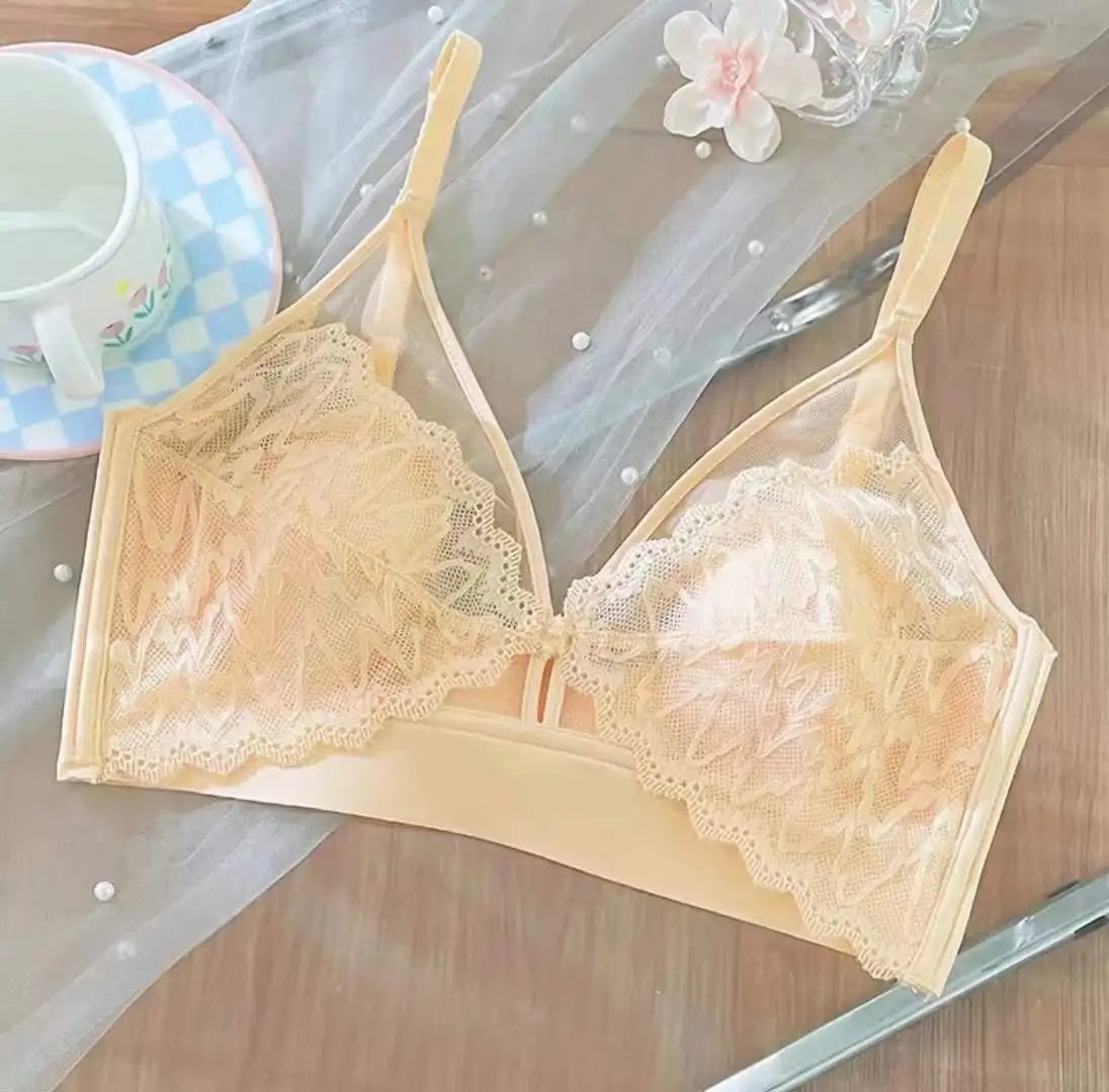 French Lace Lingerie for Women Without Steel Rings and Rabbit Ears, Mesh Fabric Breathable and Ultra-thin  Women Underwear
