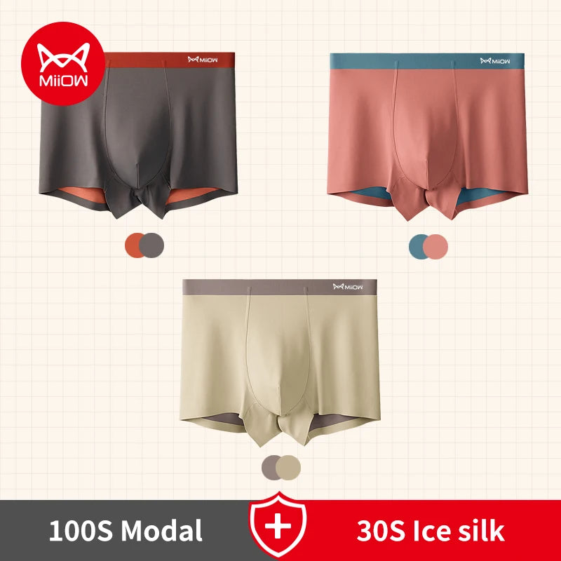 MiiOW 3pcs 100S Modal Men Boxers Underwear Ice Silk Light Men's Panties Boxershorts 5A Antibacterial Breathable Man Underpants