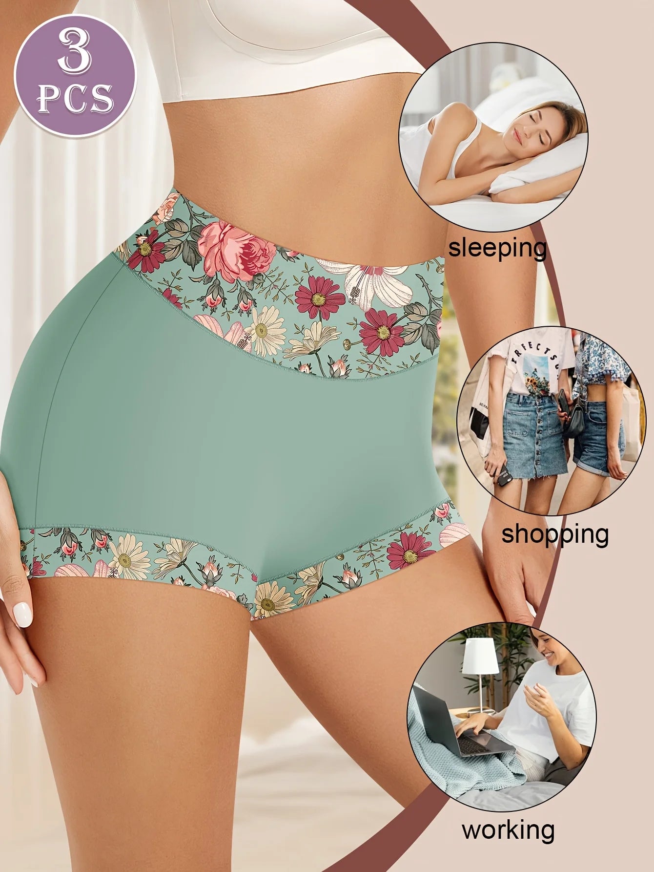 3pcs Plus Size High-Waist Shapewear Panties for Women - Tummy Control & Butt Lift, Comfort Fit with Elegant Floral Print