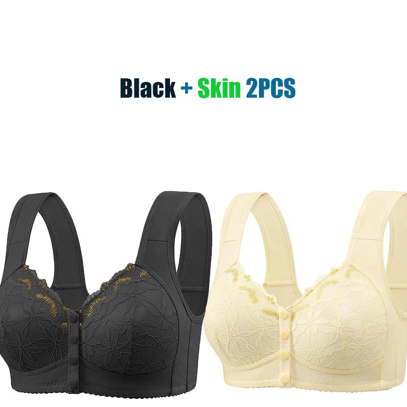 Soft Cotton Thin Cup Front Buckle Underwear Middle-aged Elderly Women Lace No Underwire Vest Type Extra Large Comfortable Bra