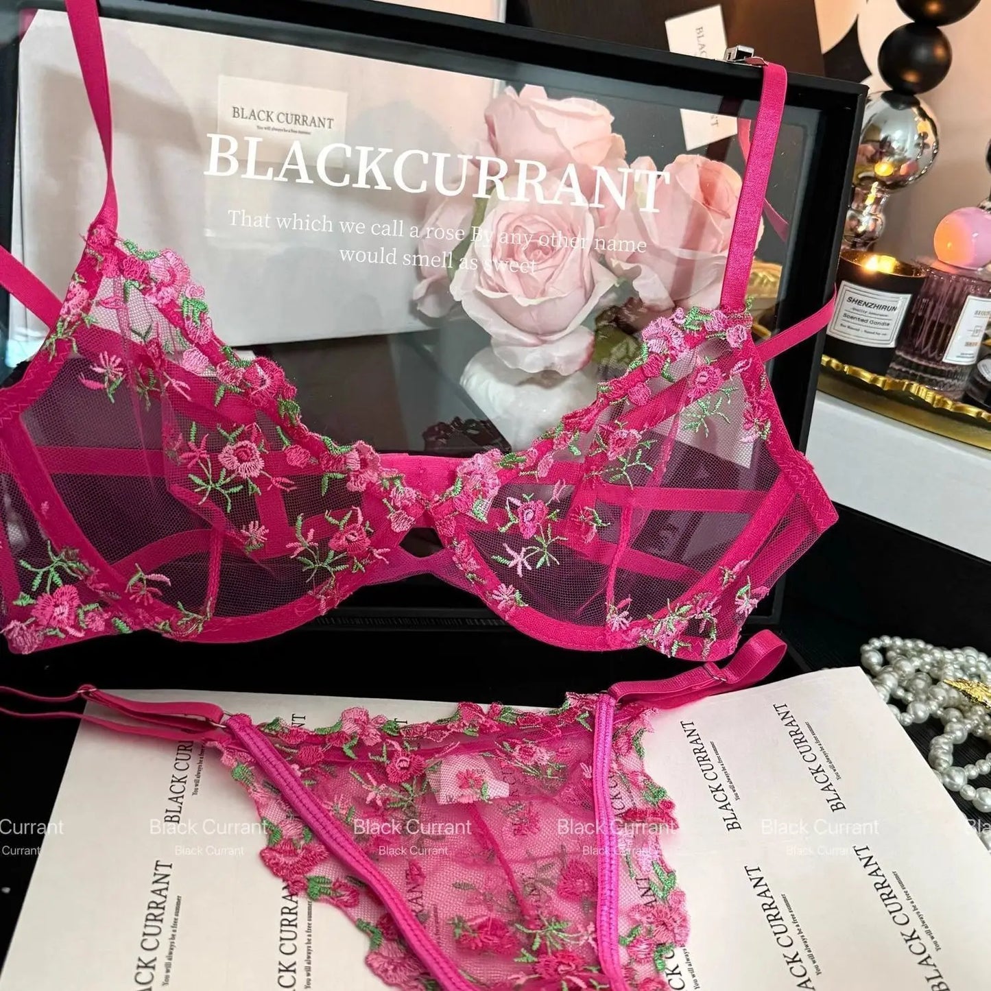 Women's French Embroidered Lace Set Sensual Mesh Bra Set & Brief Soft Underwire Unpadded Bralette Deep V Plunge Elegant Lingerie