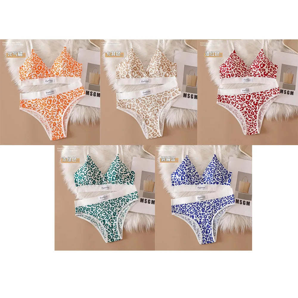1/5/6Sets New Women's Leopard Print Traceless and Steel Rim Bra Adjustable Shoulder Strap Back Women's Underwear Set