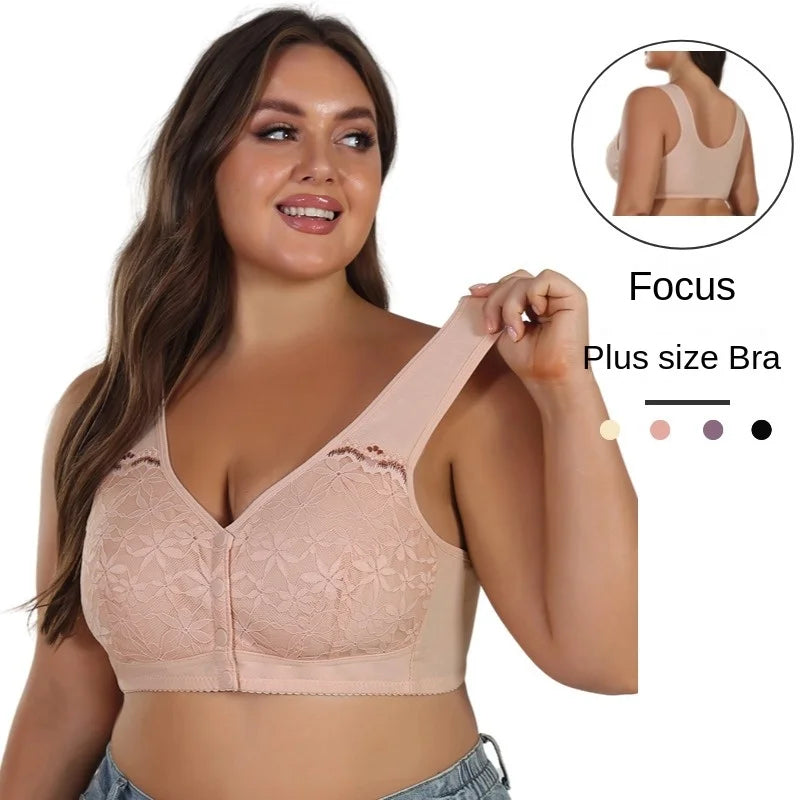 Soft Cotton Thin Cup Front Buckle Underwear Middle-aged Elderly Women Lace No Underwire Vest Type Extra Large Comfortable Bra