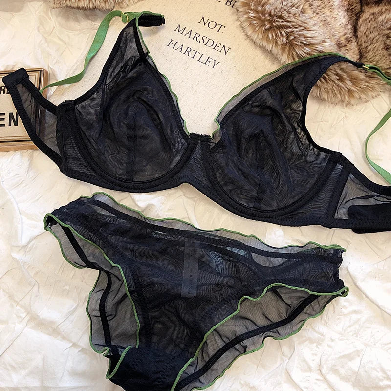 Elegant French Design Minimizer Bra Fashion Triangle Cups Structural Support Mesh Lingerie Set 32-40 MOYISU Sexy Panty Tushy Set
