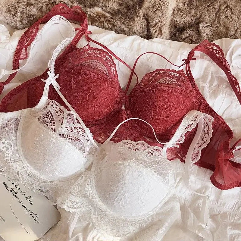 MOYISU Sexy Lace Bralette Set Small Busts French Design Removable Straps with Thin Push Up Pads, Soft Underwire Bra Cover Top