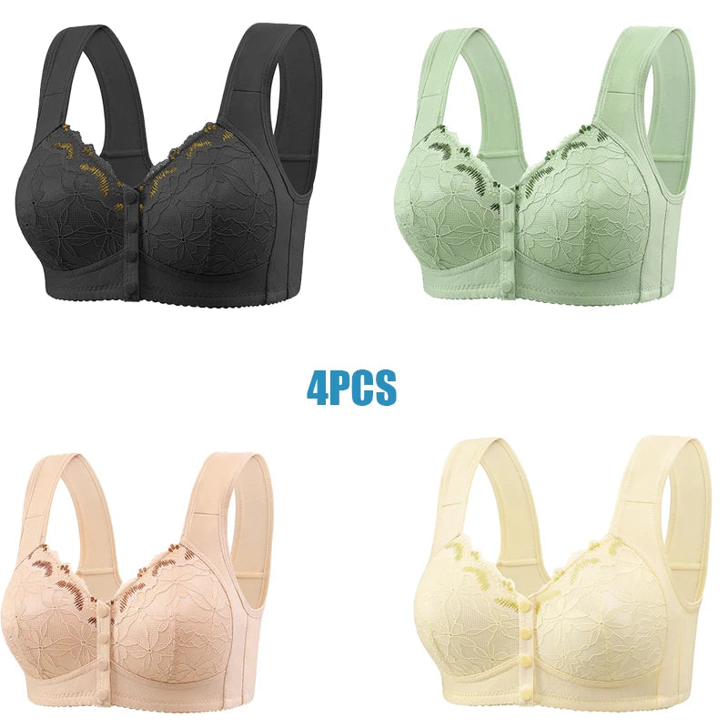 Soft Cotton Thin Cup Front Buckle Underwear Middle-aged Elderly Women Lace No Underwire Vest Type Extra Large Comfortable Bra