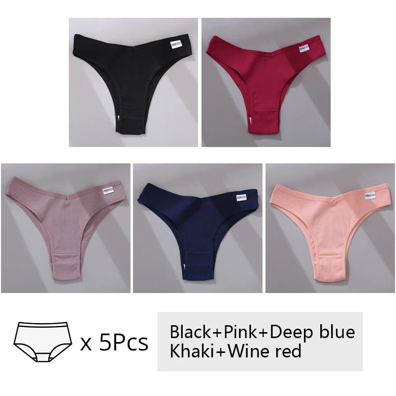 FINETOO 3/5Pcs Cotton Brazilian Panties Women's Panties Sexy V Waist T-Back Underwear Female Soft Underpants Lady Bikini Lingeri