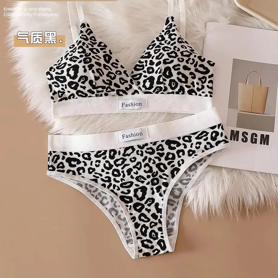 1/5/6Sets New Women's Leopard Print Traceless and Steel Rim Bra Adjustable Shoulder Strap Back Women's Underwear Set