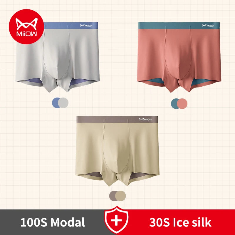 MiiOW 3pcs 100S Modal Men Boxers Underwear Ice Silk Light Men's Panties Boxershorts 5A Antibacterial Breathable Man Underpants