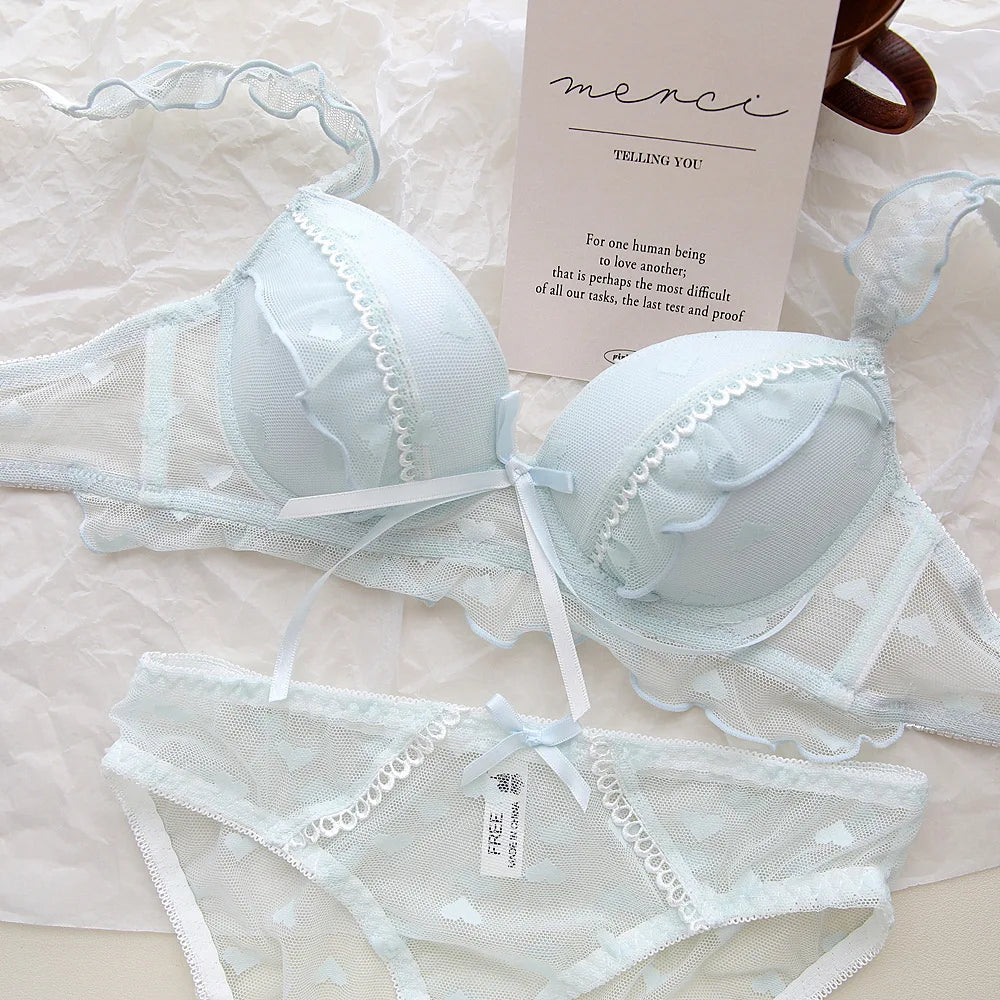 Japanese-style sweet bow lace lingerie for girls, pure and unrestrained, small-cut, curse-fitting bra