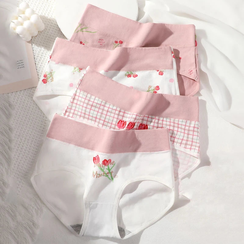 4Pcs Cotton Women Panties Breathable Underwear Fashion Print Ladies Briefs Slim Soft Underpants High-Rise Sexy Ladies Lingerie