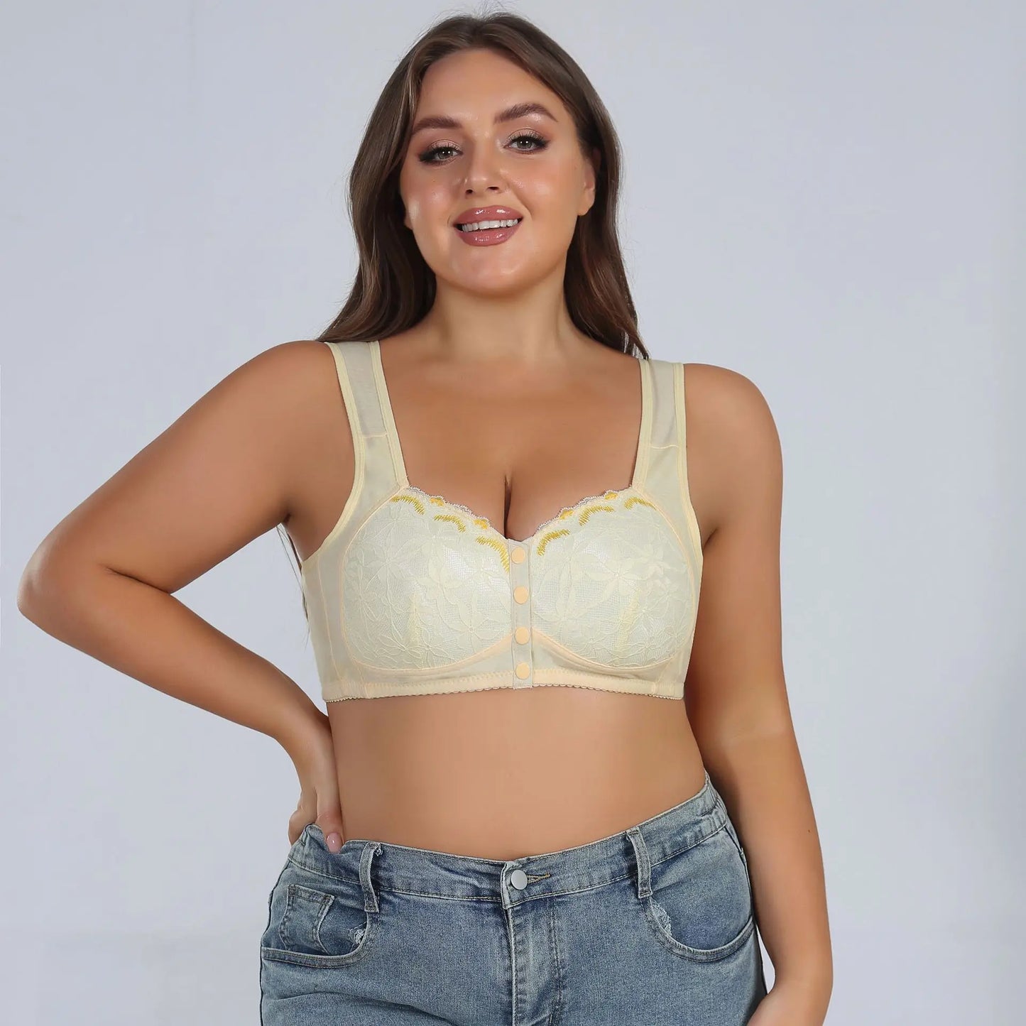 Soft Cotton Thin Cup Front Buckle Underwear Middle-aged Elderly Women Lace No Underwire Vest Type Extra Large Comfortable Bra