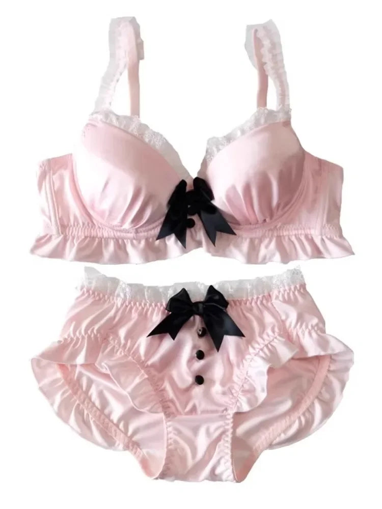 YUQI Kawaii Japanese Lolita Lingerie Set - Cute Bow Bra Cover & Panties for Small Chest, Pure Sexy Teen Girl Charm XS-S Cup Bra
