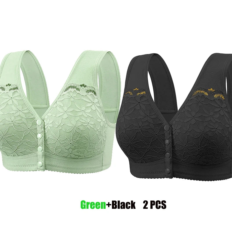 Soft Cotton Thin Cup Front Buckle Underwear Middle-aged Elderly Women Lace No Underwire Vest Type Extra Large Comfortable Bra
