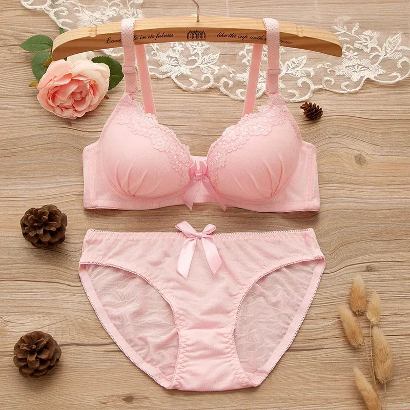 Girl Sweet Wireless Bra Lace Bows Underwear Sets Breathable Small Breast Bralette Top Briefs for Women Teen Girl Lingerie Suits