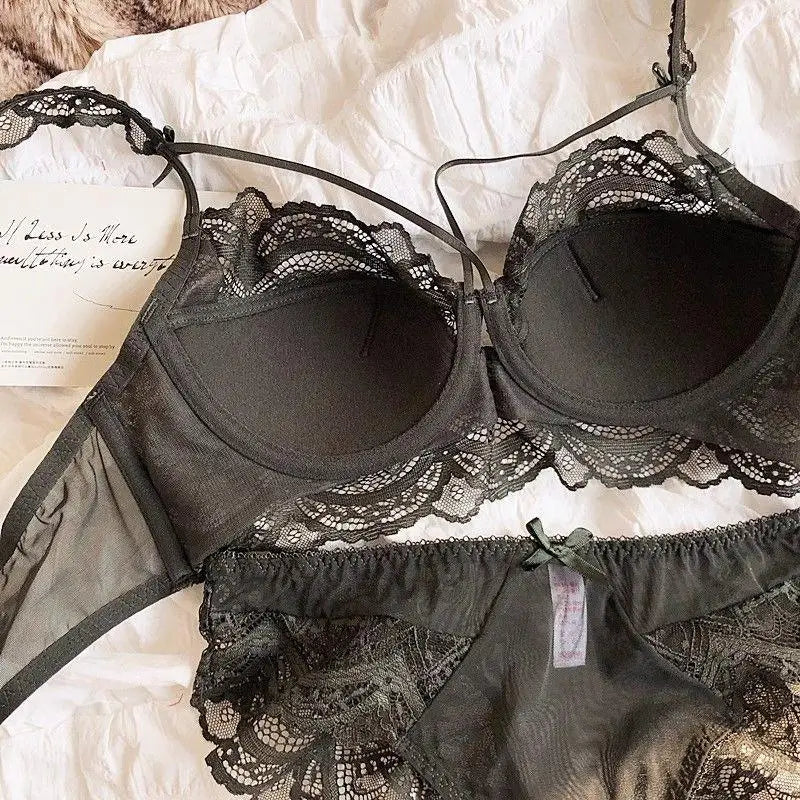 MOYISU Sexy Lace Bralette Set Small Busts French Design Removable Straps with Thin Push Up Pads, Soft Underwire Bra Cover Top